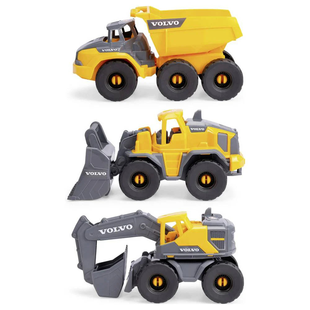 Yellow Volvo toy wheel loader with front bucket and grey cab, assembled construction plant