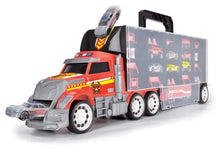 Fire truck carry case toy with orange-gray truck front and open accessory bins