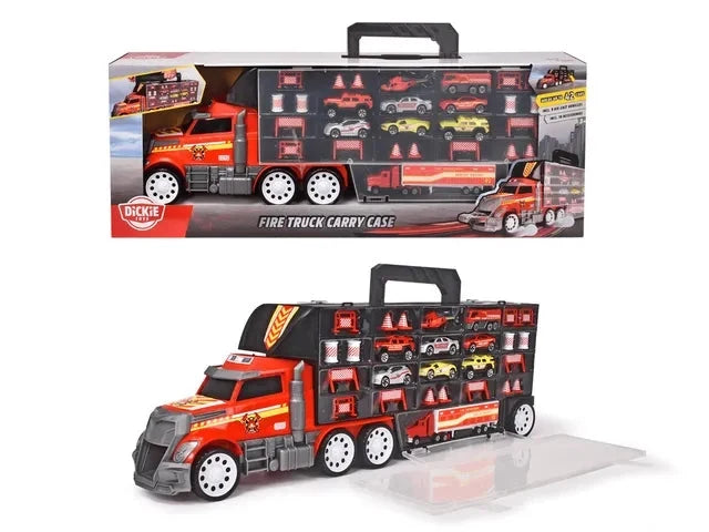 Fire truck carry case box set featuring a red truck carry case with handle