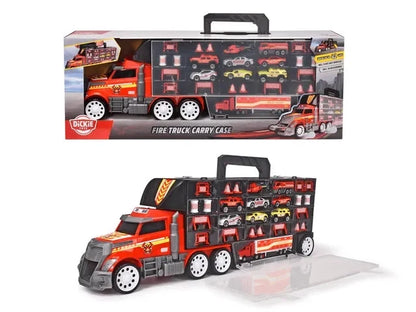 Fire truck carry case box set featuring a red truck carry case with handle