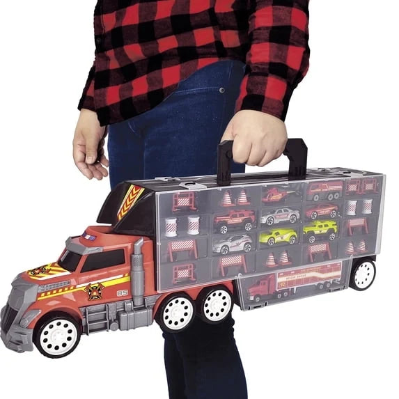 Fire truck carry case toy with open compartments and handle for accessories