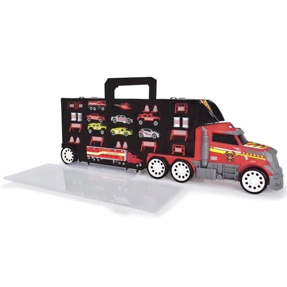 Fire truck carry case with handle, red/black design, and accessory compartments