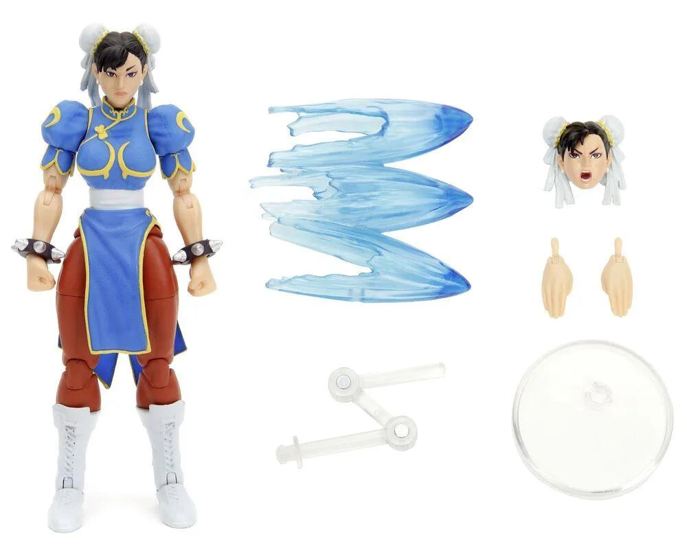 6-inch Chun-Li action figure with multiple blue effect pieces, hands, and accessories