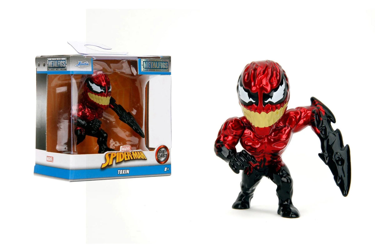 Red and black monster action figure with boxed packaging and open claw pose