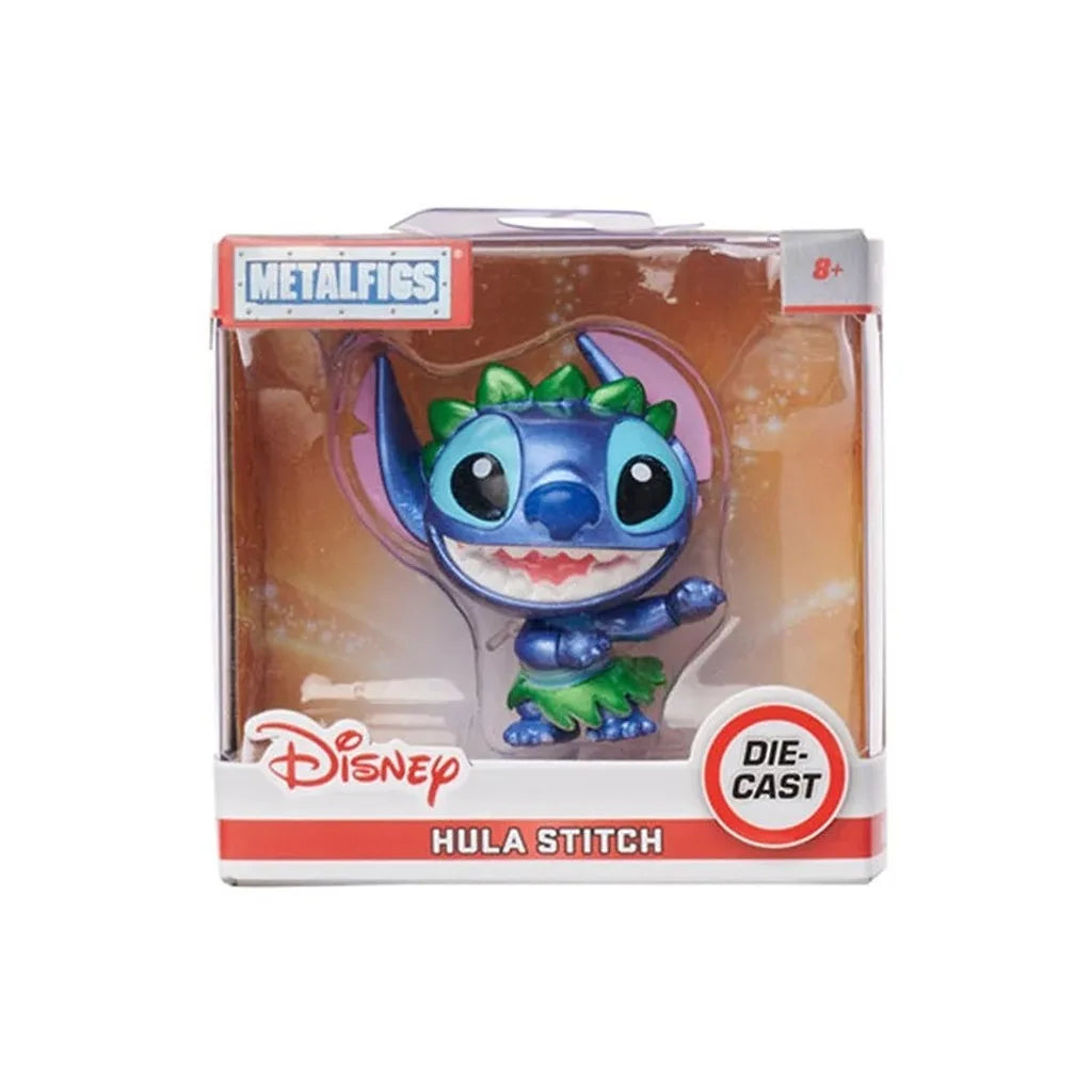 Hula Stitch Metalfigs collectible in box, blue alien with green leaf skirt