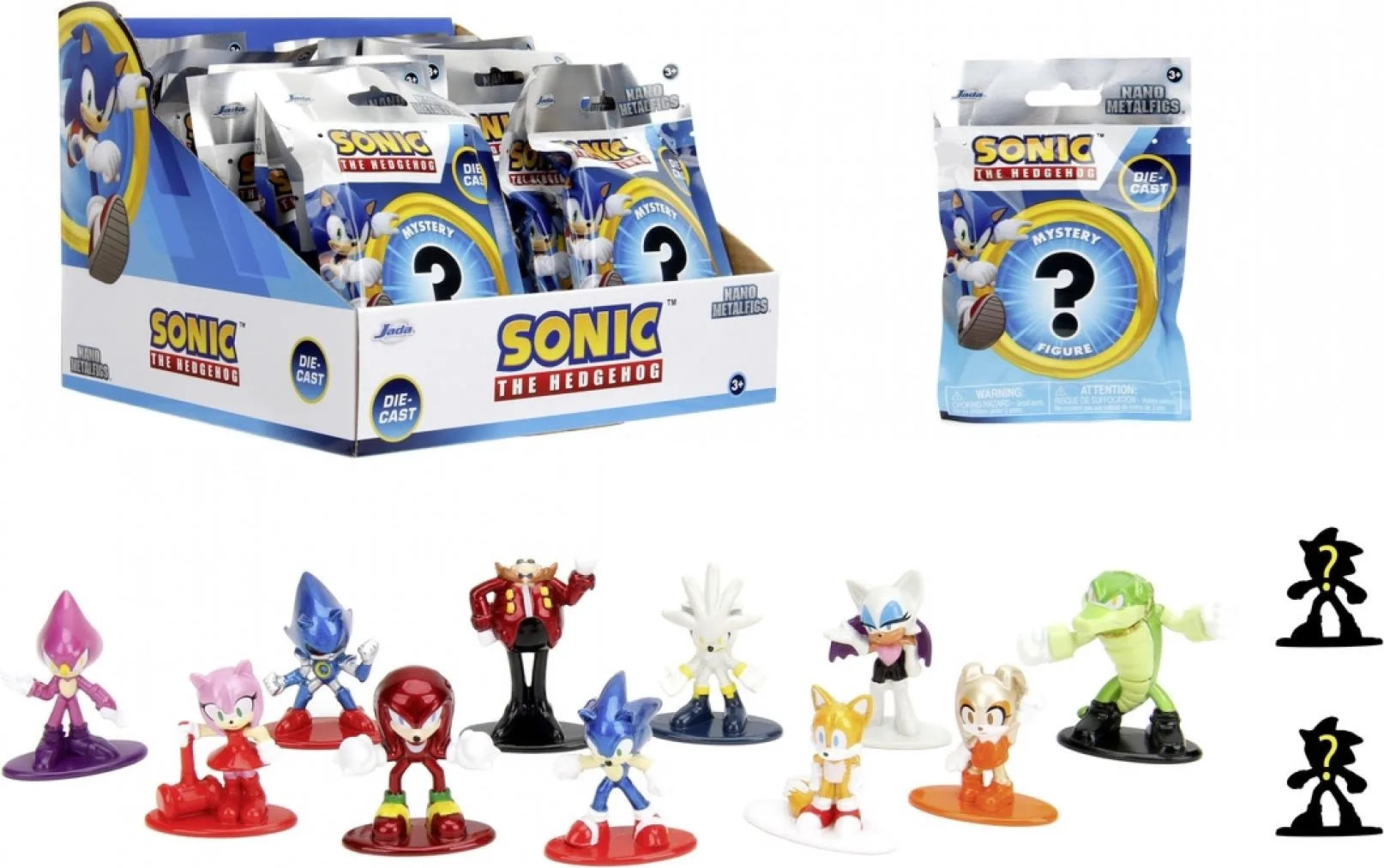 Sonic the Hedgehog blind bag with small collectible figure toys, shown with several characters