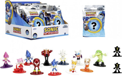 Sonic the Hedgehog blind bag with small collectible figure toys, shown with several characters