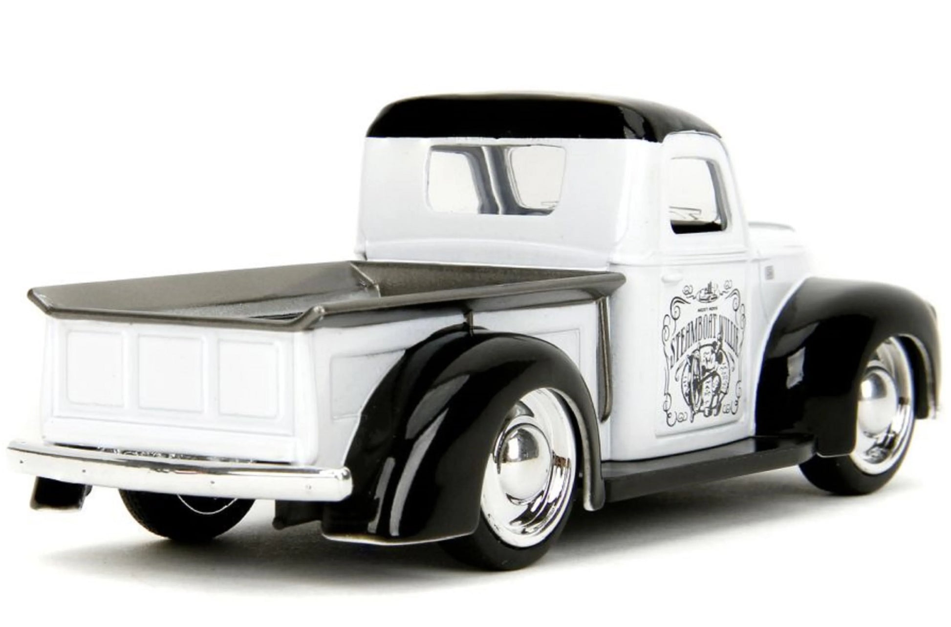 White and black die-cast pickup truck model with open hood and detailed grille