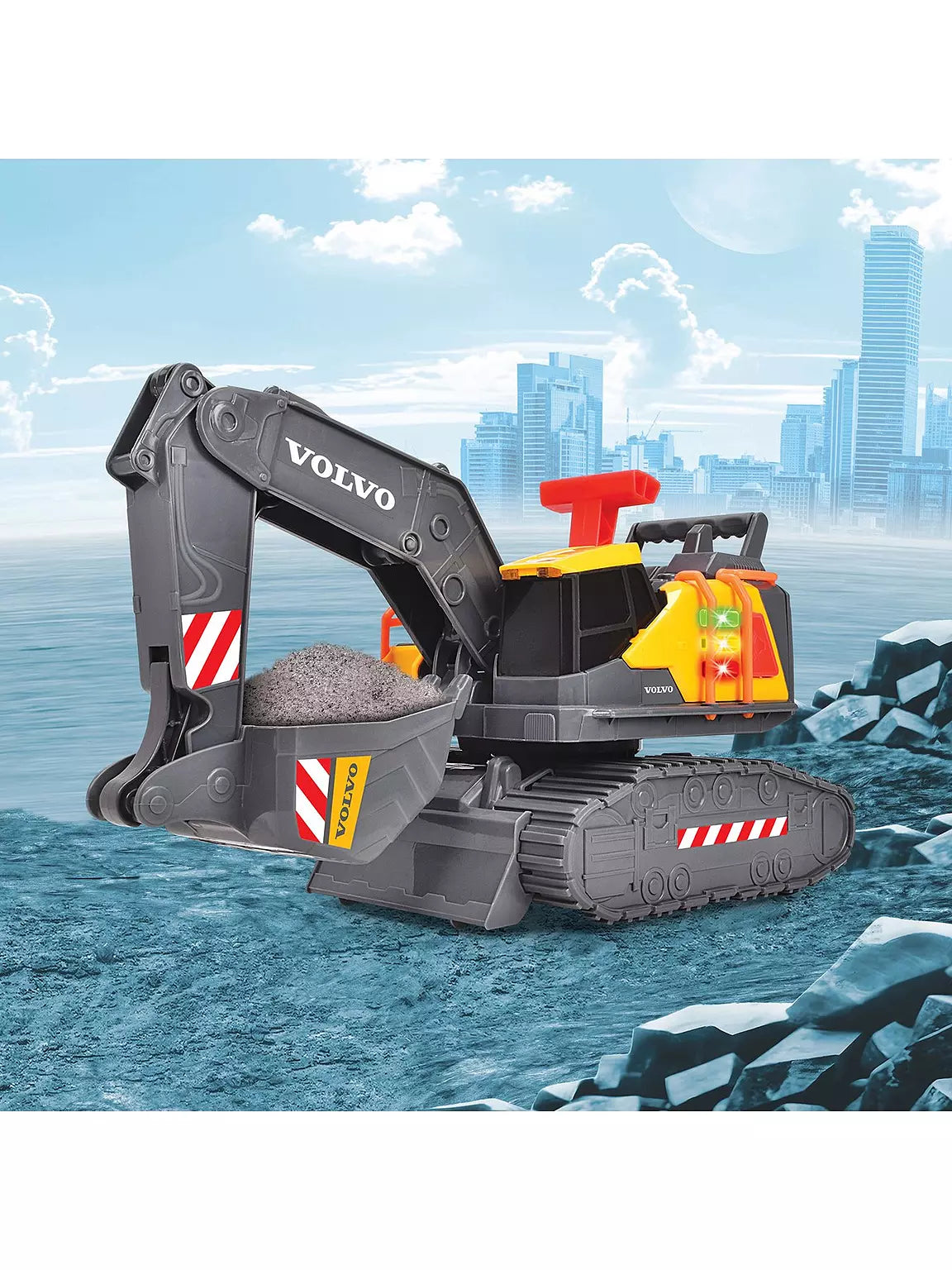 Power excavator toy with extended arm and bucket, grey tracks, lighted control panel