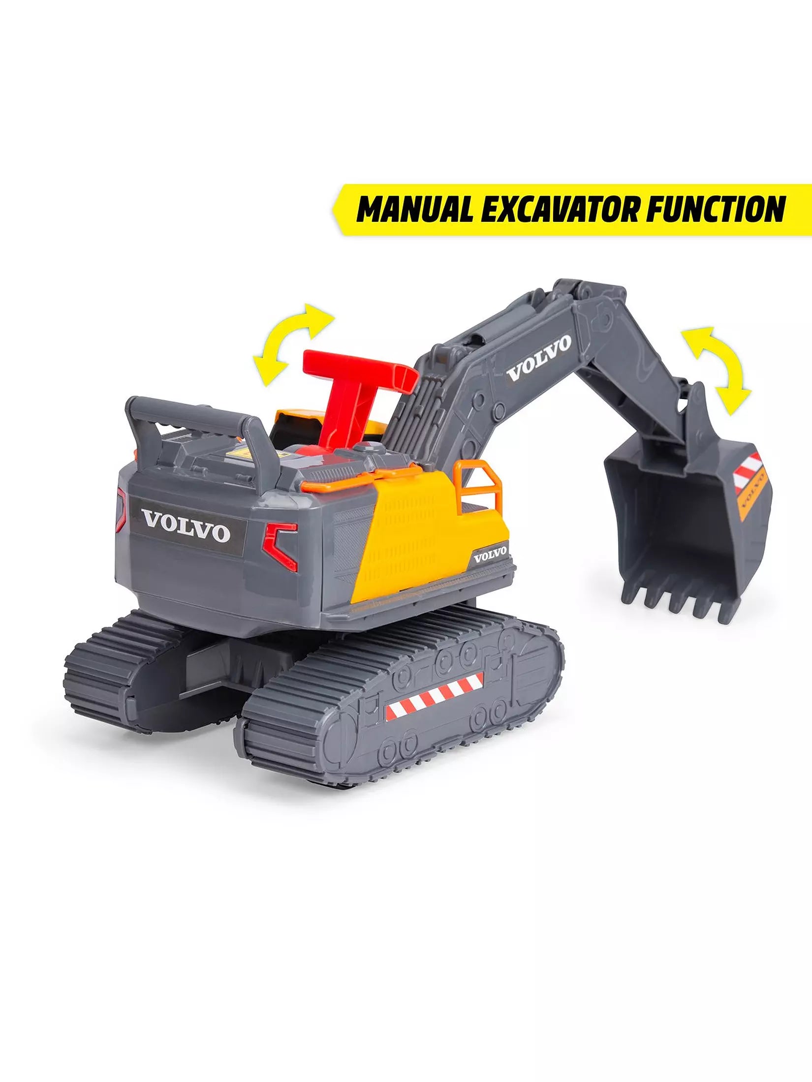 Power excavator toy with tracked base, red cab, yellow front panel, grey digging arm
