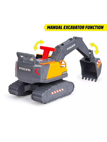 Power excavator toy with tracked base, red cab, yellow front panel, grey digging arm