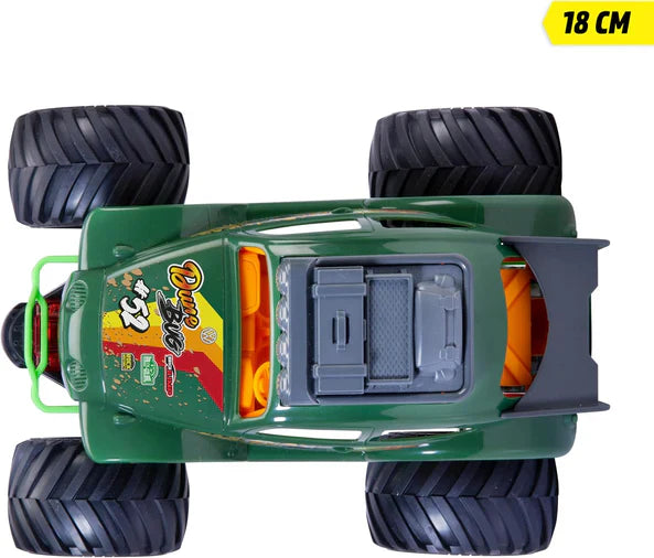 Back view Dune Bug with 18 cm label, green body, orange details, large black tires