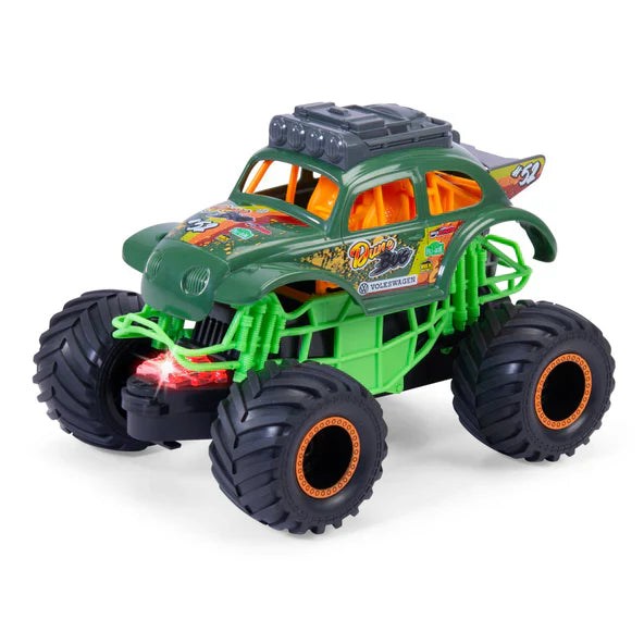 Green Dune Bug toy truck with orange windshield and neon green grille, oversized black tires