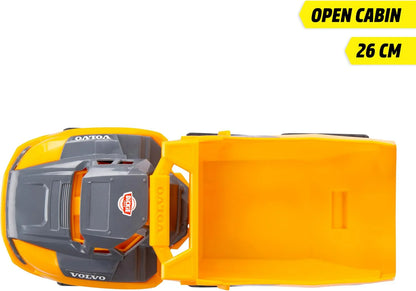 Open-cabin Volvo Tough Hauler, yellow dump bed and gray cab interior, 26 cm