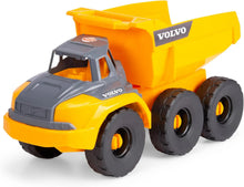 Volvo Tough Hauler toy dump truck, yellow-orange body, gray cab, large tread tires