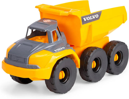 Volvo Tough Hauler toy dump truck, yellow-orange body, gray cab, large tread tires
