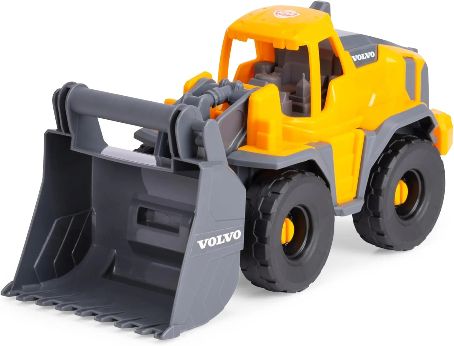Yellow Volvo front loader toy with grey bucket and raised hydraulic arms