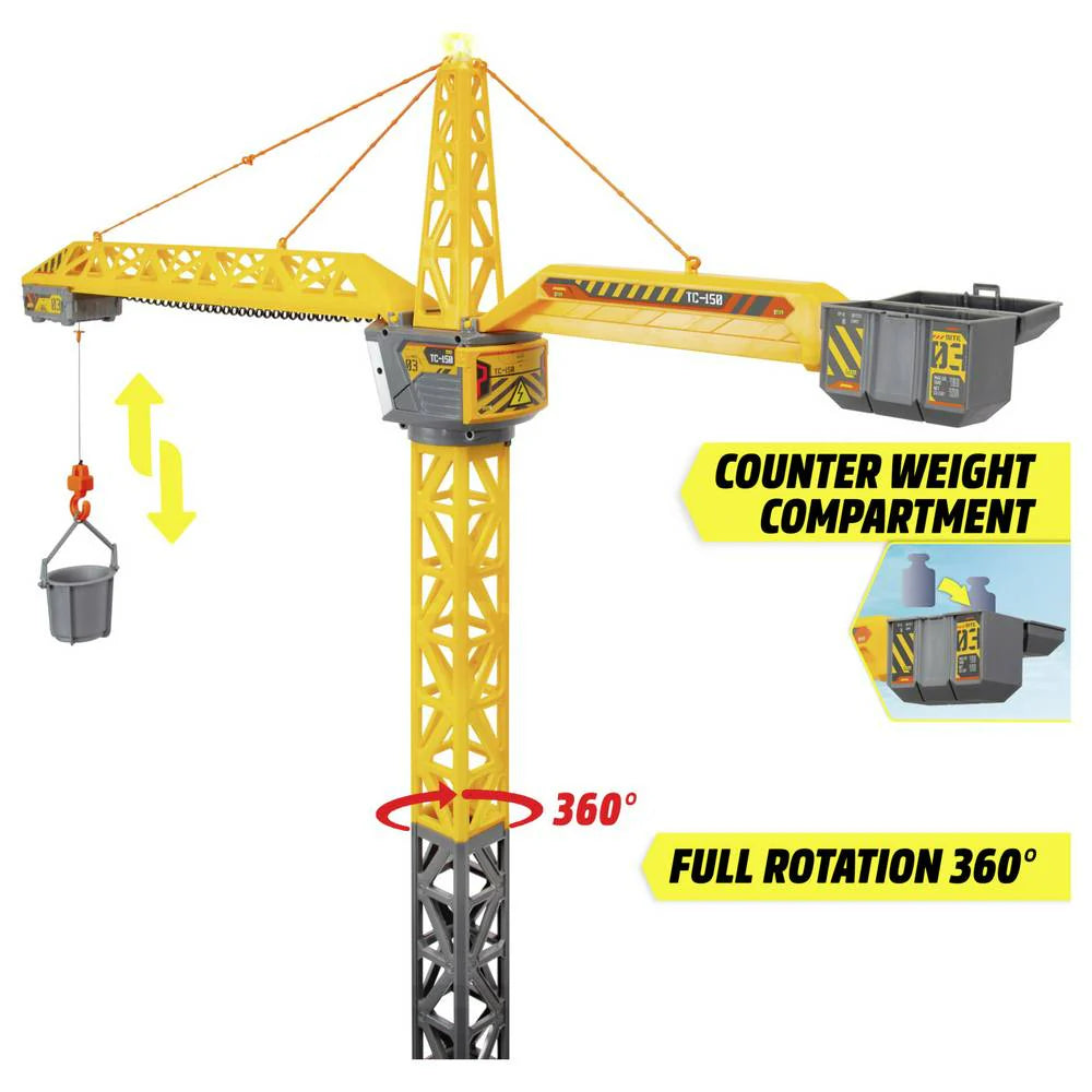 Yellow construction crane with 360° rotation tower and counterweight compartment
