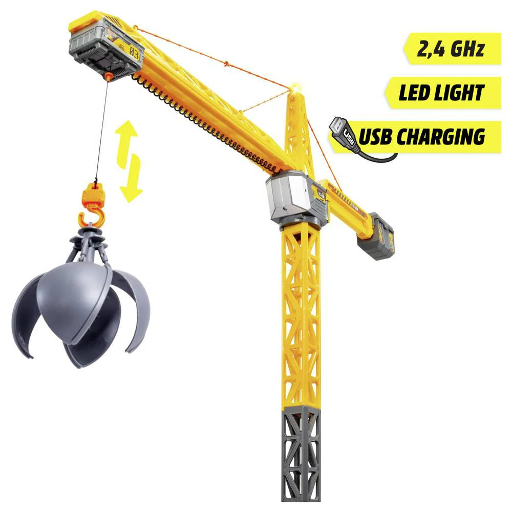 RC crane with 2,4 GHz LED light and USB charging; hook and gray bucket