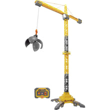 RC crane truck with yellow boom and spinning hook, includes bucket and remote controller