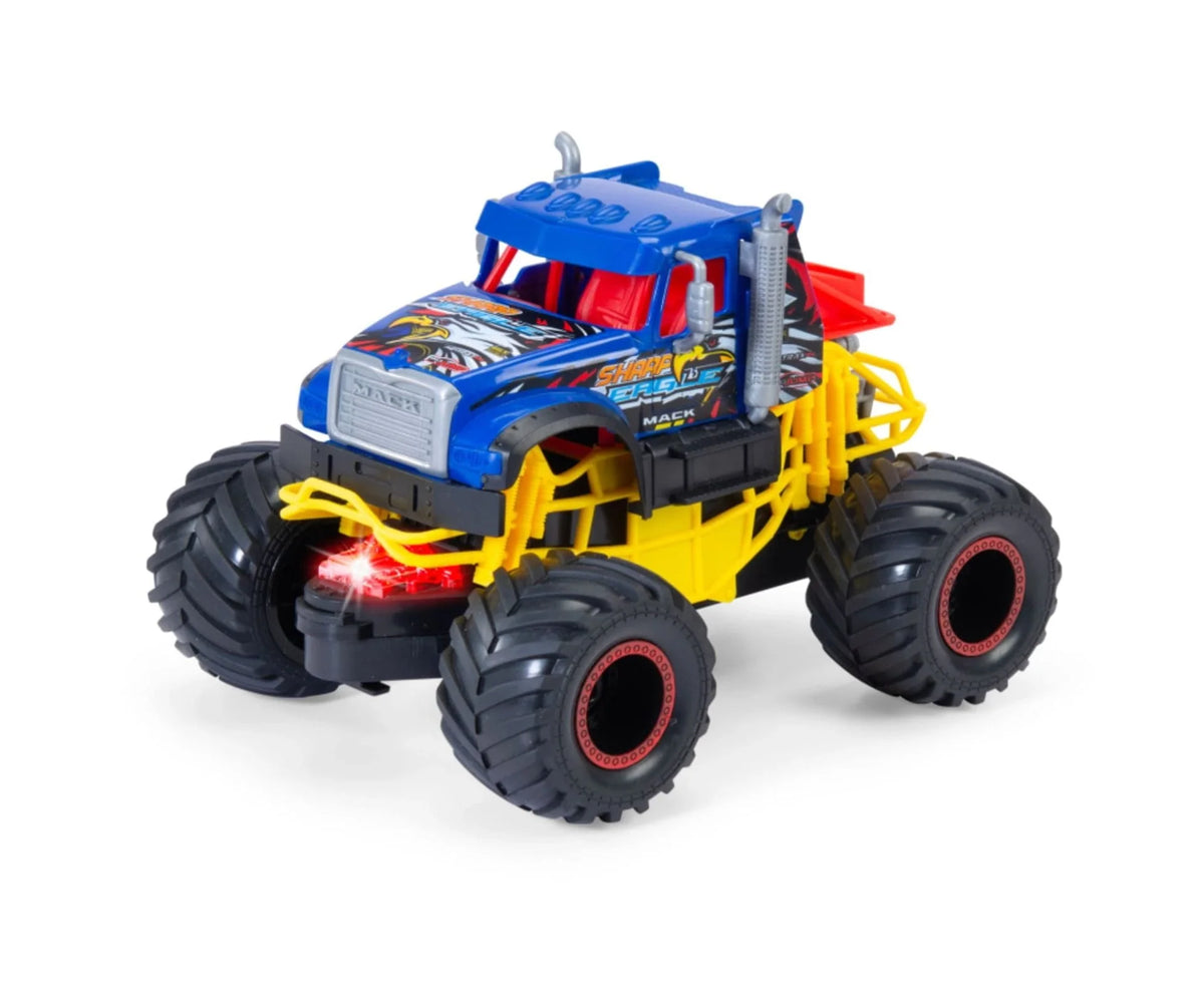Blue and yellow toy monster truck with red accents, exposed suspension, and big black tires