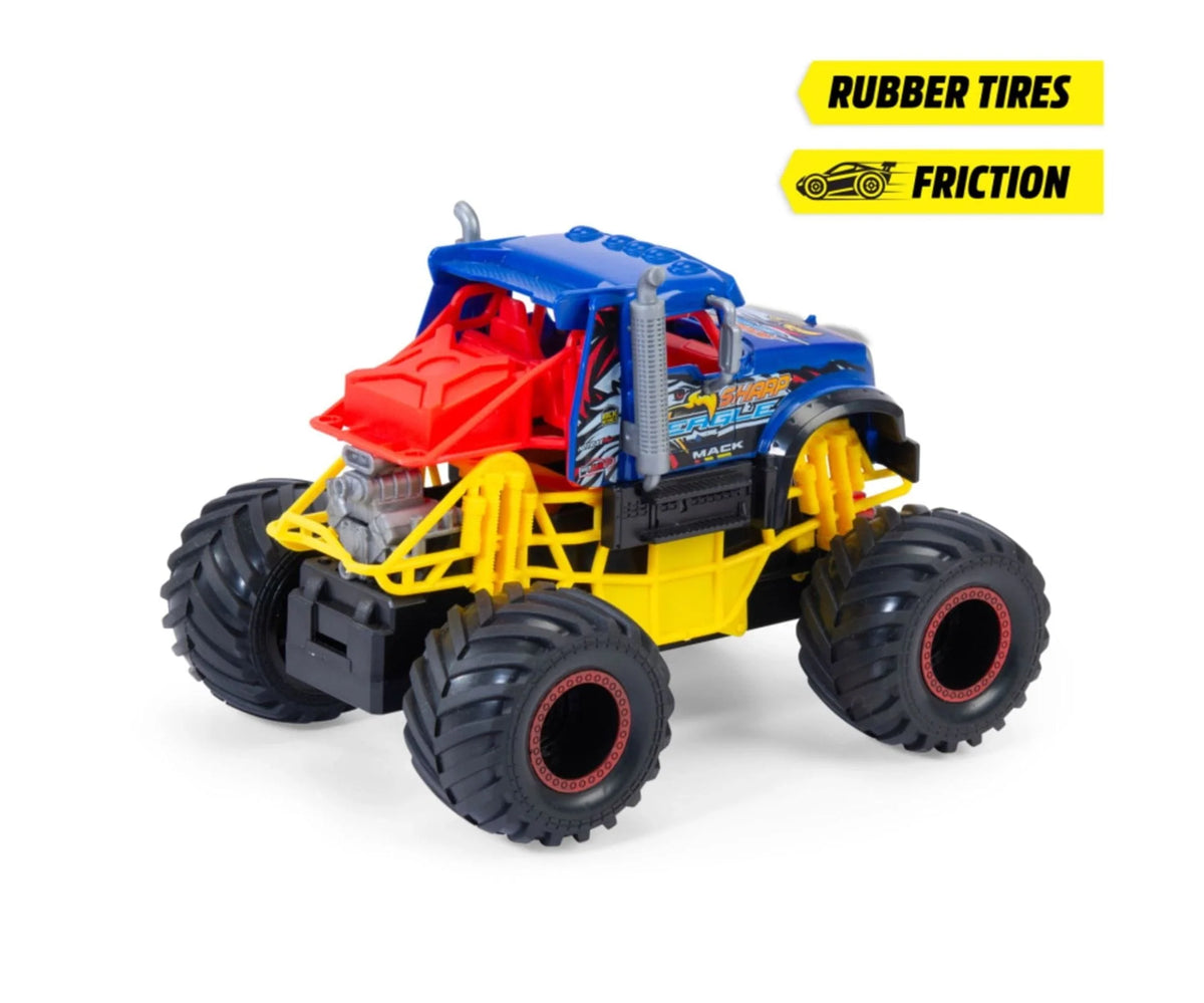Off-road toy monster truck with blue cab, yellow chassis, red body parts, and rubber tires