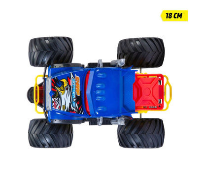 Toy monster truck with blue cab, yellow frame, red rear pod, and large black wheels