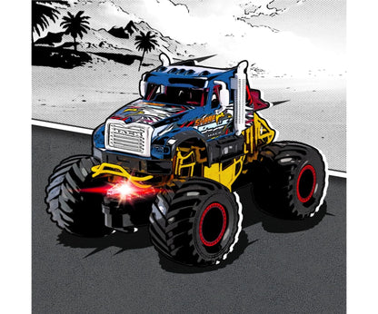 Toy monster truck in blue, yellow, and black with red wheel rims and bright front lights