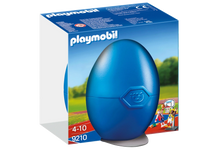 Playmobil basketball-themed set packaging box with blue egg-shaped item