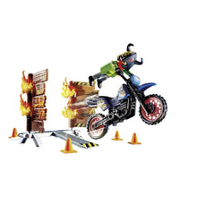 Motocross stunt playset with rider, motocycle, fiery wall, ramps and traffic cones