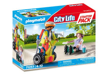 Playmobil City Life Starter Pack box showing rescue balance racer vehicle and two figures.