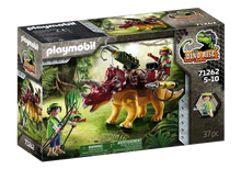 Playmobil Dino Rise triceratops playset box showing figures and dinosaur