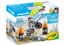 Playmobil Color motorbike building set box with 18 pieces and warning label