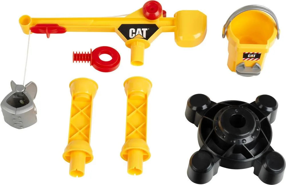 Yellow and black construction crane playset with red arm, yellow columns, gray base parts