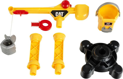 Yellow and black construction crane playset with red arm, yellow columns, gray base parts