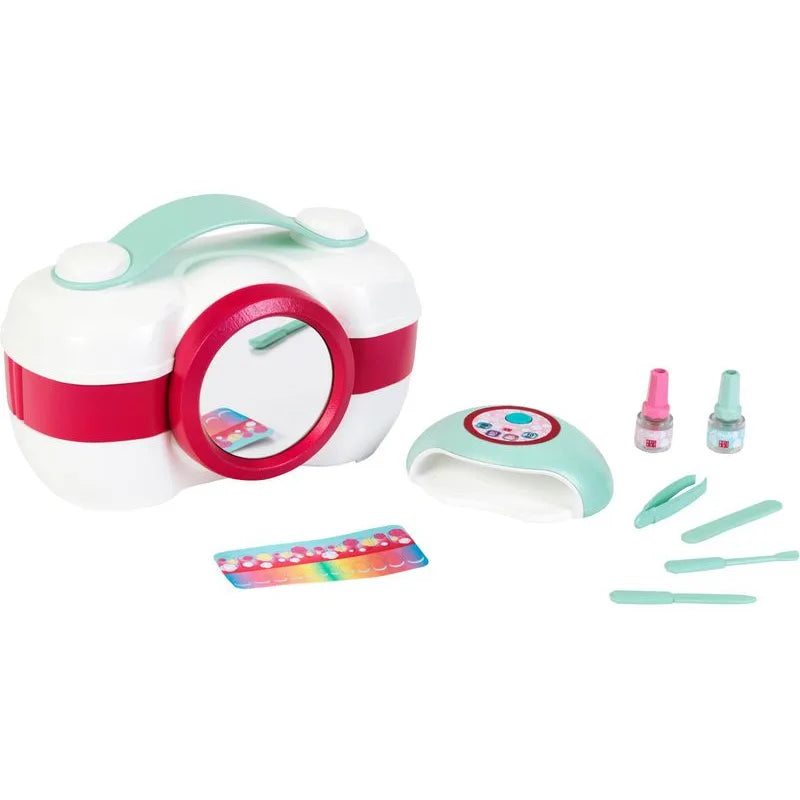 Manicure and hairdressing play kit set with white and pink stations, bottles and combs.