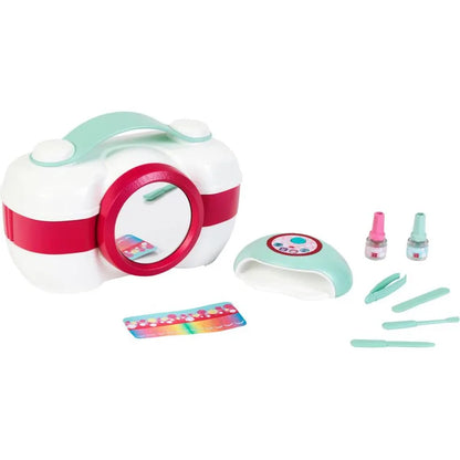 Manicure and hairdressing play kit set with white and pink stations, bottles and combs.