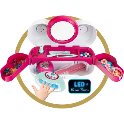 Child manicure and hairdressing play kit with white and pink tools, mirror and LED timer.