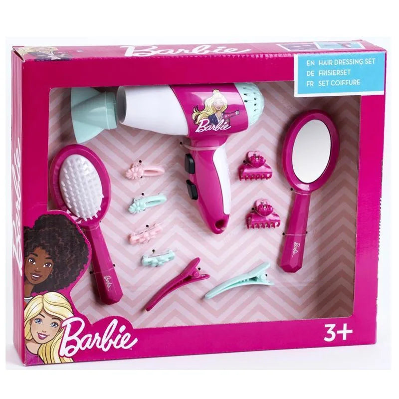 Barbie hairdressing set box with pink hairdryer, mirror brush, and comb accessories