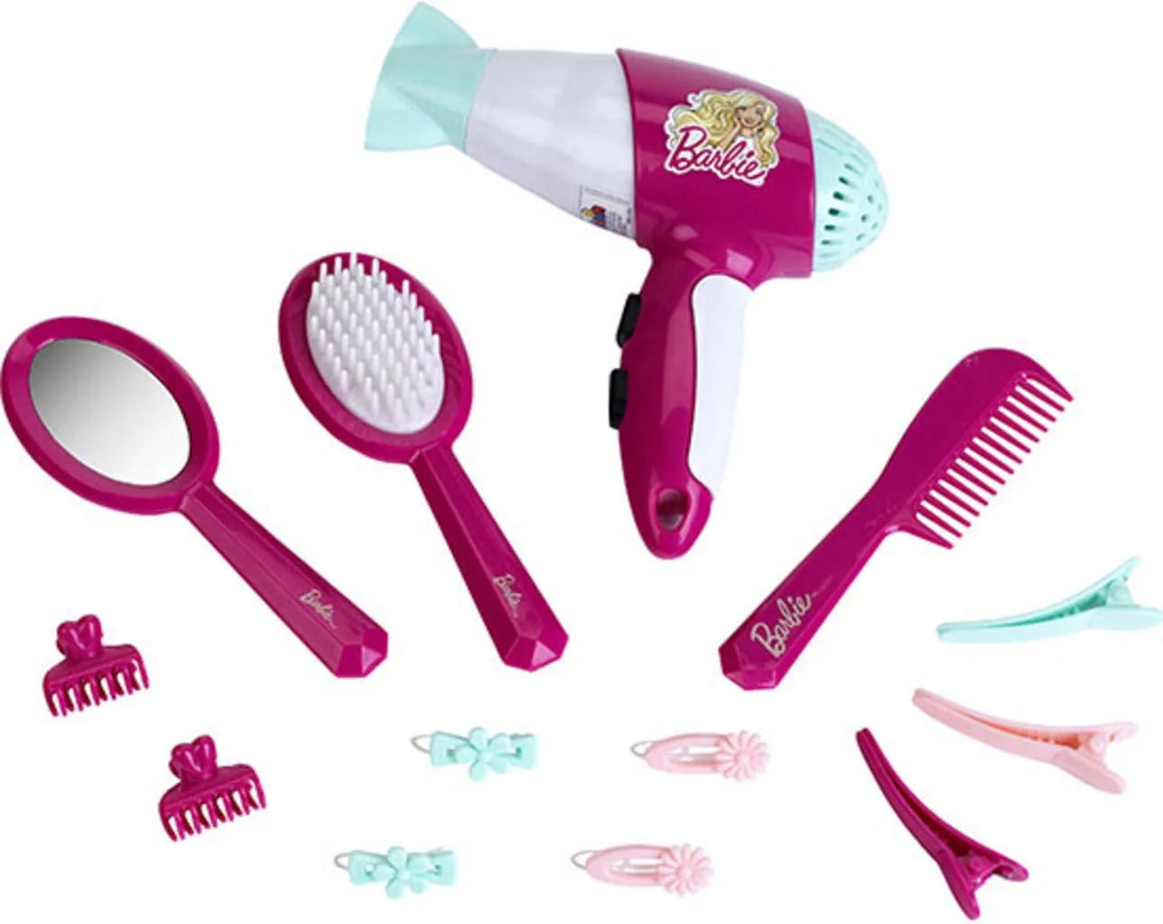 Pink hairdressing set with hairdryer, brush, comb, and hair accessories, includes clips