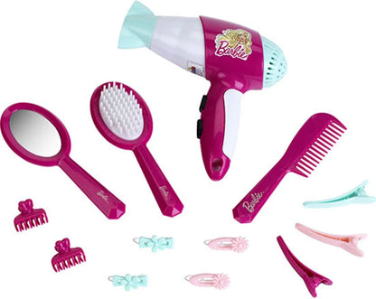 Pink hairdressing set with hairdryer, brush, comb, and hair accessories, includes clips