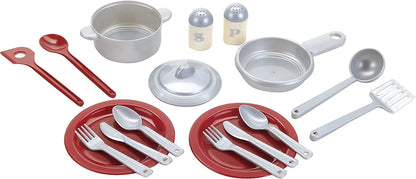 Red toy cookware set with pots, pans, utensils, and plates