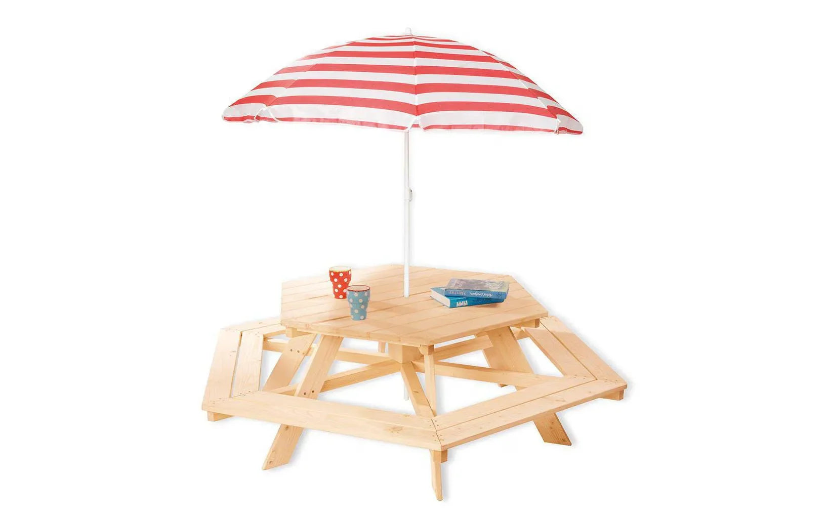 Kids picnic table with striped umbrella and small accessories