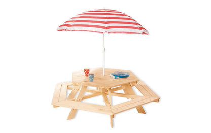 Kids picnic table with striped umbrella and small accessories