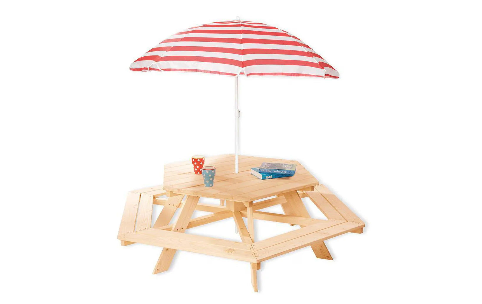 Children's hexagon table and bench set with striped patio umbrella