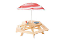 Children's hexagon table and bench set with striped patio umbrella