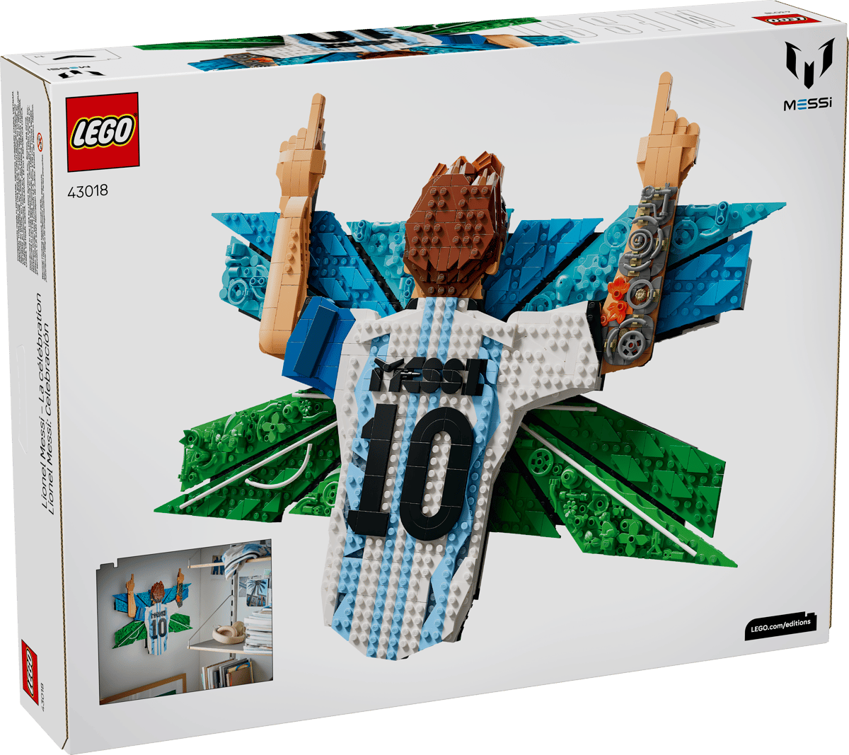LEGO Messi celebration set box showing assembled brick figure with arms raised and "10"