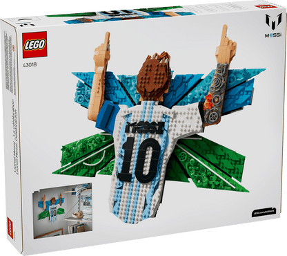 LEGO Messi celebration set box showing assembled brick figure with arms raised and "10"