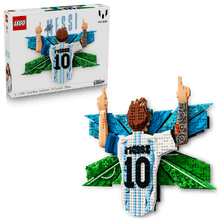 LEGO Lionel Messi celebration set with arms-up soccer figure, number 10
