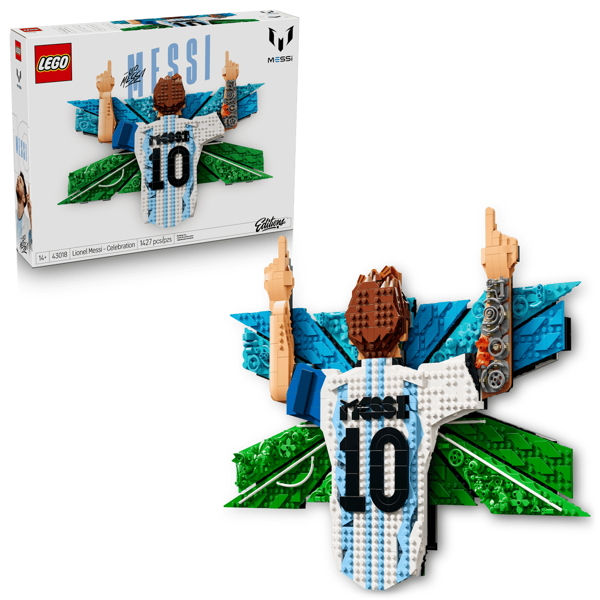 LEGO Messi celebration set box with brick-built figure showing arms up and "10" detail